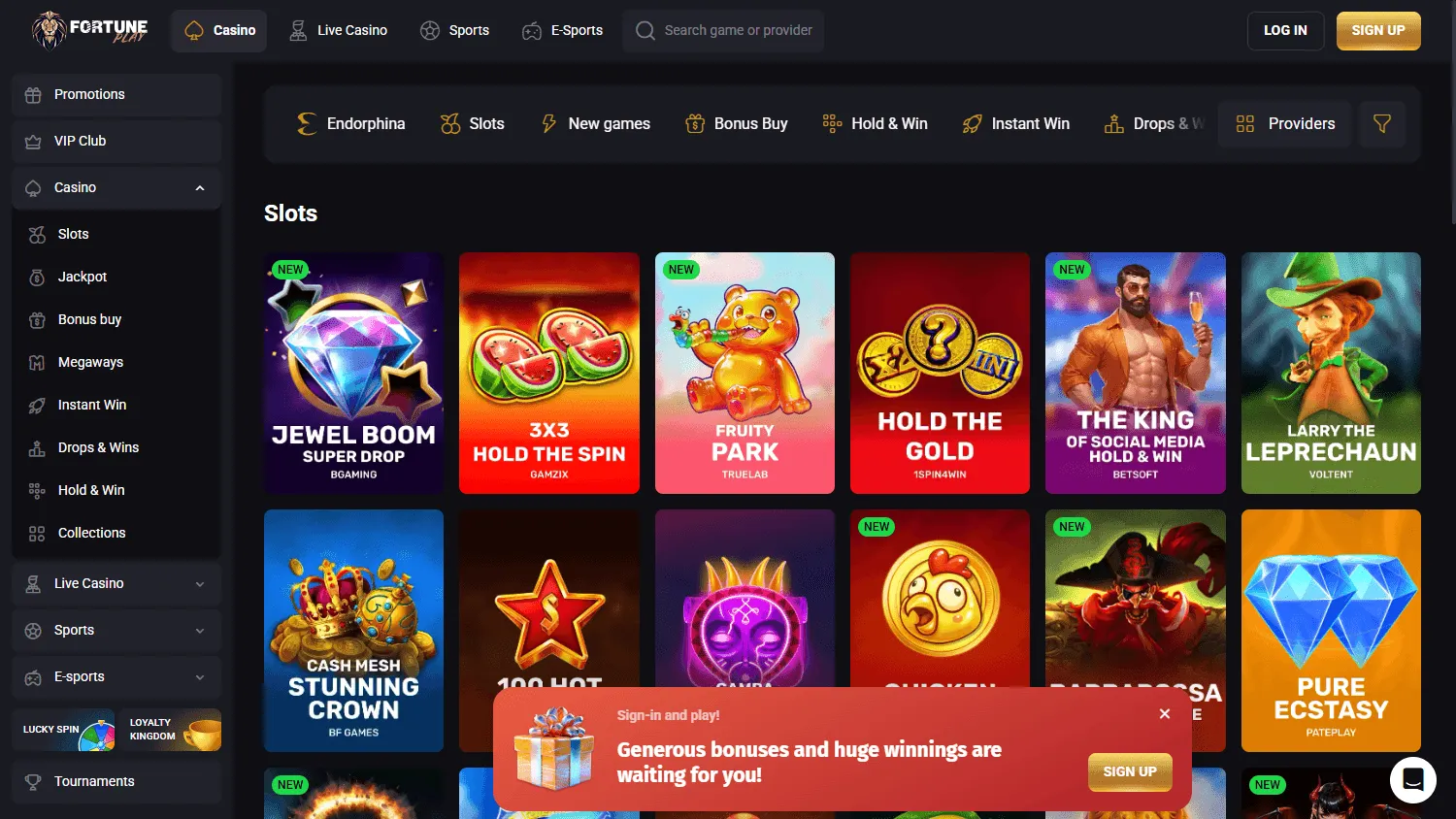 Fortune Play Casino games selection on desktop